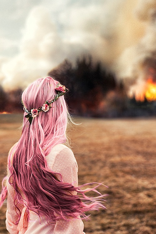 Long pink hair with a pink flower crown