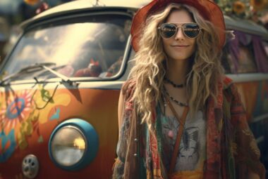 Hippie counter culture, vw bus with lady in front of it wearing sungalsses